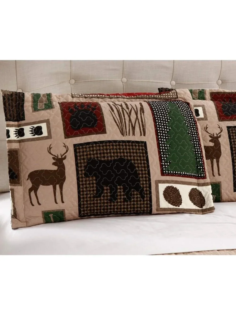 Reversible Rustic Lodge Quilt Set King Size - Moose Bear Cabin Bedding, 3 Pcs